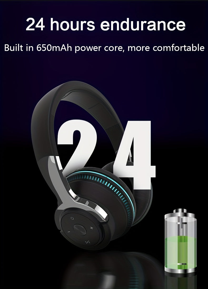 Wireless Headphones, Portable Over Ear Headphones 24 Hours Playtime, With Mic, Clear Calls, FM Radio, Soft-Earpads, LED Light, Support TF Card Play And 3.5MM AUX Cable Wired Connection, Foldable For Travel Home Office Cellpho