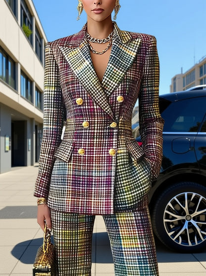 Double-Breasted Blazer and Straight-Leg Trousers - Urban Elegant Business Office - Digital Print Color Gradient Plaid Lapel Long Sleeve Casual - Suitable for Parties, Dates, Business Office, and Various Important Occasions