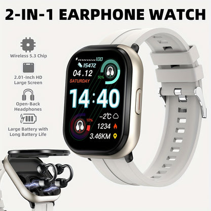 New 2-in-1 Multifunctional with Silicone Strap, Black/Silver 2 Colors Available, Supports Call Reception, 2.01-Inch HD Screen, TWS Wireless Earbuds, Birthday Gift, Valentine'S Day/father'S Day/halloween/christmas Present