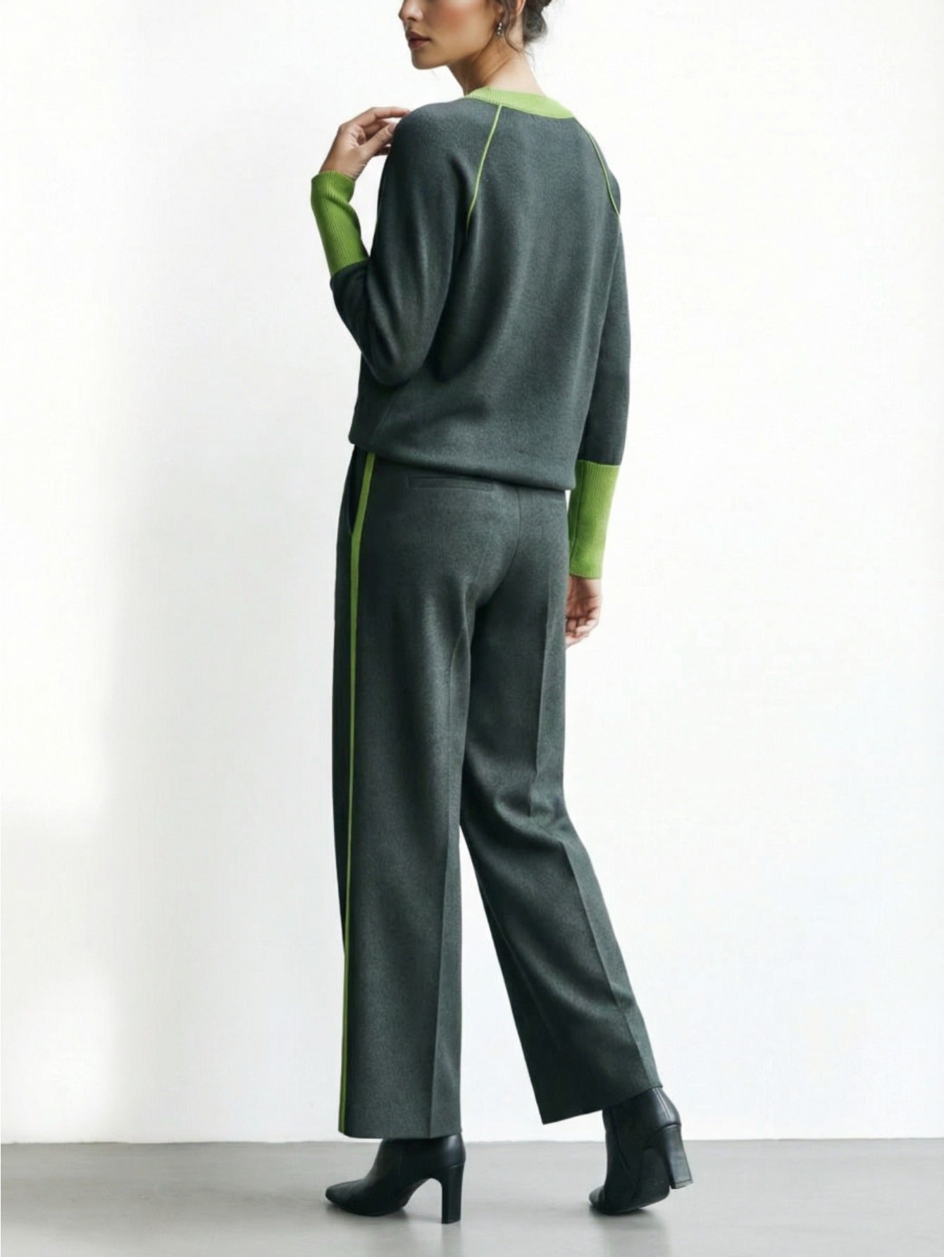 Charcoal-Green Blended with Green Trim Oversized Top + Wide-Leg Pants Women's Set | Sophisticated, Fashionable, Unique, Minimalist Style Perfect for Fall/Winter Casual Outings & Leisure Commuting & Light Social Occasions