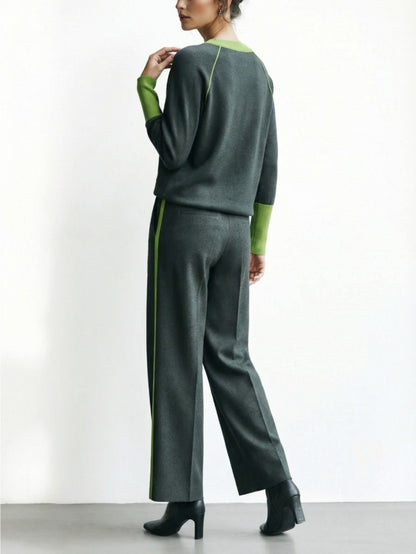 Charcoal-Green Blended with Green Trim Oversized Top + Wide-Leg Pants Women's Set | Sophisticated, Fashionable, Unique, Minimalist Style Perfect for Fall/Winter Casual Outings & Leisure Commuting & Light Social Occasions