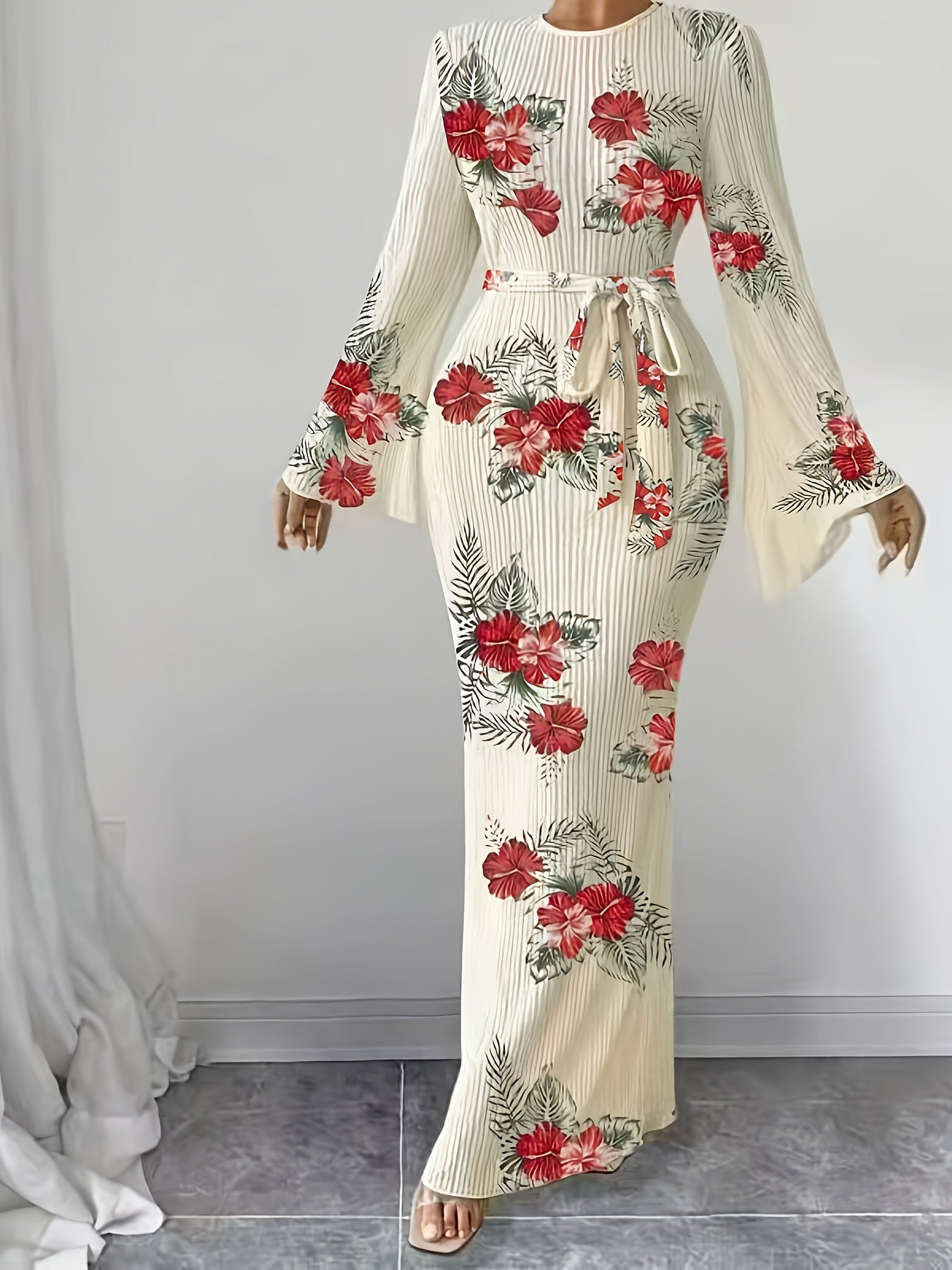 Women's Elegant Pleated Fabric Flared Long Sleeve Dress for Autumn and Winter