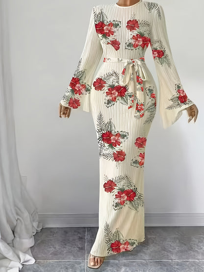 Women's Elegant Pleated Fabric Flared Long Sleeve Dress for Autumn and Winter