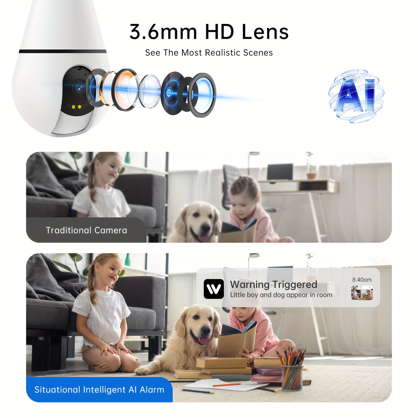 3MP Wireless Smart Light Bulb Security Camera, 2.4GHz/5G/WiFi, Connection, with 360° AI Motion Detection, 3.6mmHD Lens Full Color Night Vision, Automatic Tracking, Alarm System, Indoor, Home Security Solution, Wireless Secur