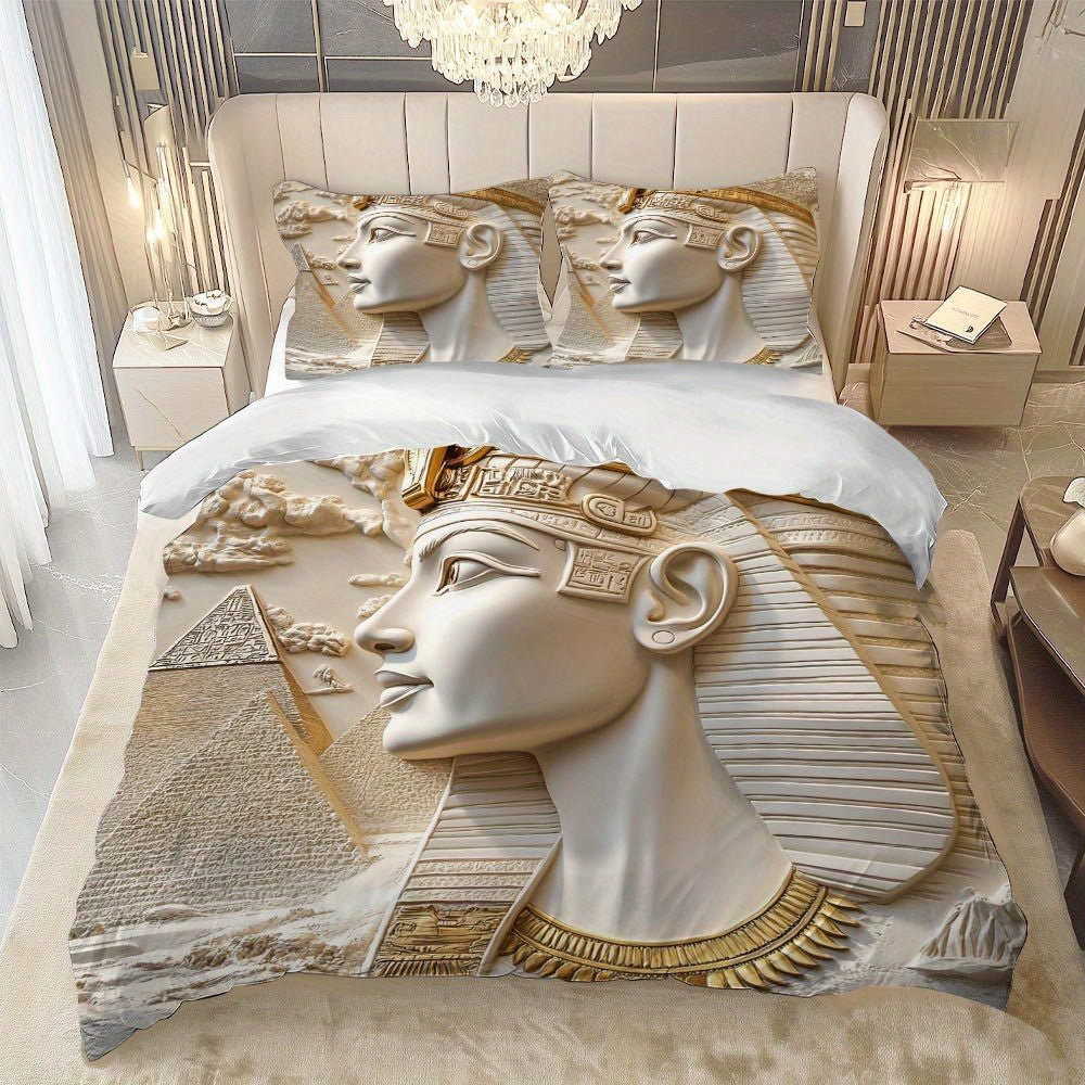 MOKALALA 3pcs Egyptian Pharaoh Bedding Set - King Tutankhamun Design with Golden & Beige Ancient Egypt Patterns, 1 Duvet Cover + 2 Pillowcases, All-Season Luxury Bedspread for Themed Home Decor, Christmas Gift Idea, Machine W