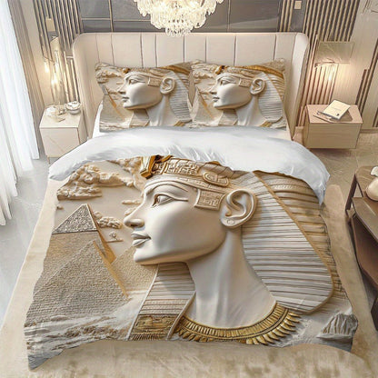 MOKALALA 3pcs Egyptian Pharaoh Bedding Set - King Tutankhamun Design with Golden & Beige Ancient Egypt Patterns, 1 Duvet Cover + 2 Pillowcases, All-Season Luxury Bedspread for Themed Home Decor, Christmas Gift Idea, Machine W