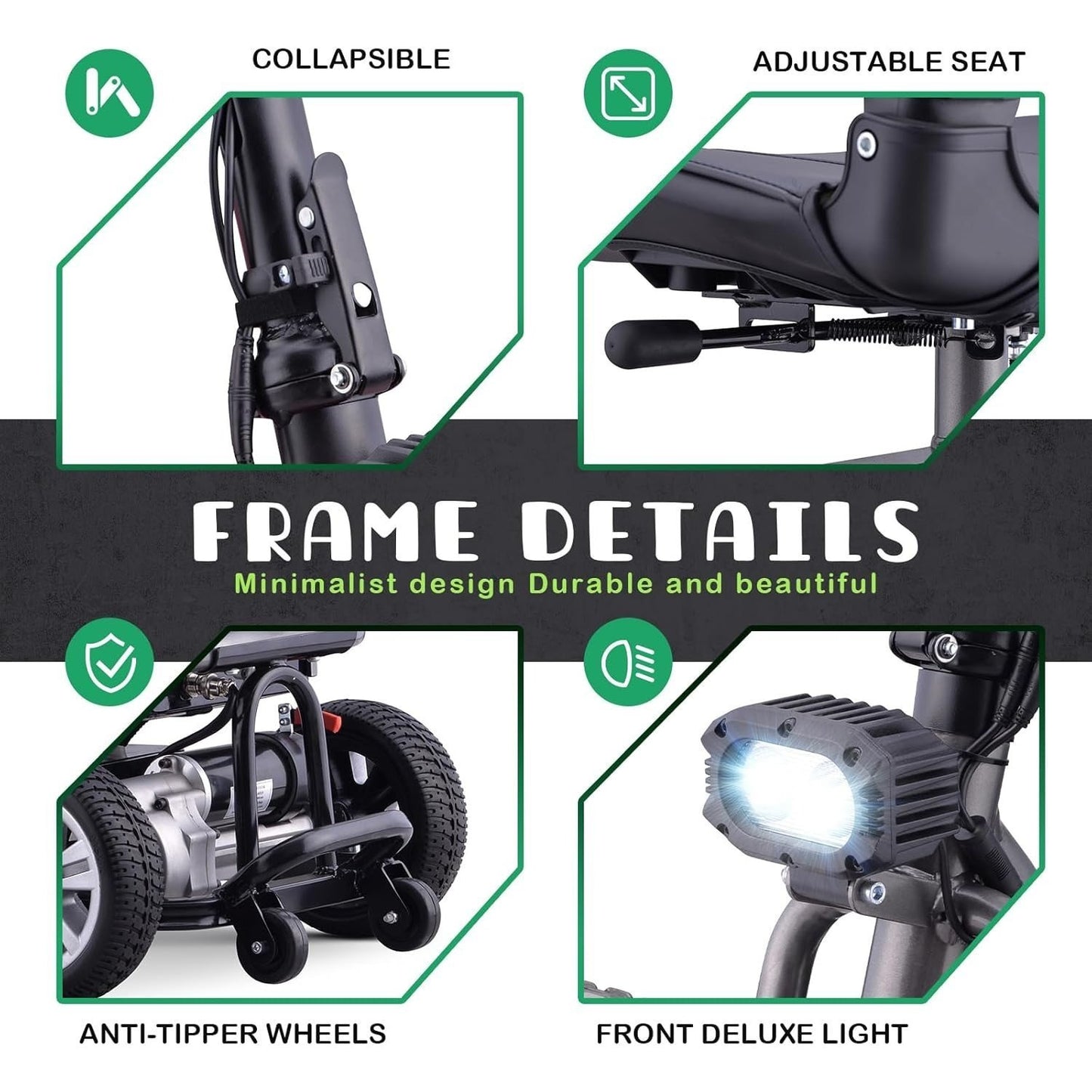Premium Big Wheel Mobility Scooter for Seniors Adults, Electric Scooter with16'' Front Wheel, Adjust Height Seat and Foldable Handlebar, Led Lights, Max Load 300lb, Charger Included