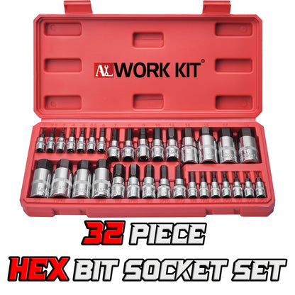 S2 & Cr-V Steel 32pcs Hex Bit Socket Set - SAE & Metric Sizes, 1/4", 3/8", 1/2" Drive, Alternative to Hex Wrenches, with Manual and Ratchet Handles - Ideal Gift for Father'S Day and Holidays