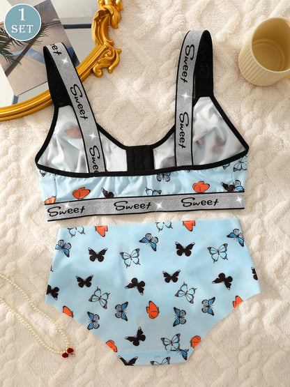 A Set of Butterfly Print Front-Button Women'S Lingerie, Featuring Wide Straps, a Wireless Bra, And Seamless Panties, Soft And Comfortable, Perfect for Everyday Wear in Autumn And Winter.