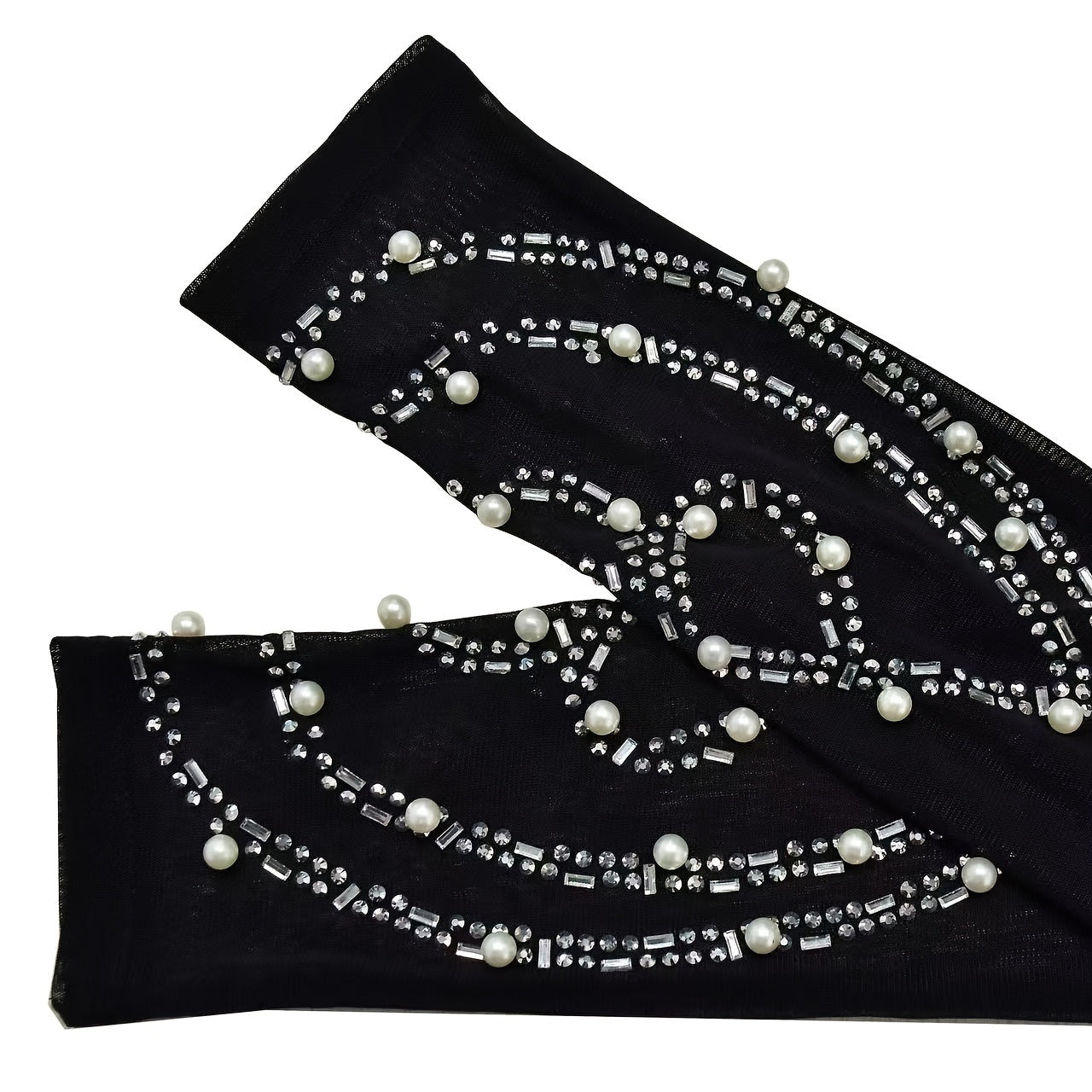 Elegant Women'S Black Jumpsuit with Pearl And Rhinestone Embellishments, Featuring Sheer Mesh Long Sleeves for Evening Events