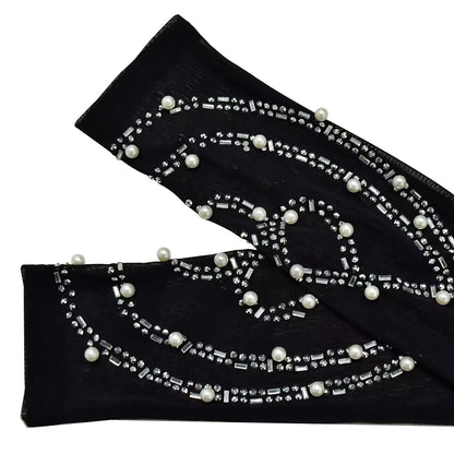 Elegant Women'S Black Jumpsuit with Pearl And Rhinestone Embellishments, Featuring Sheer Mesh Long Sleeves for Evening Events