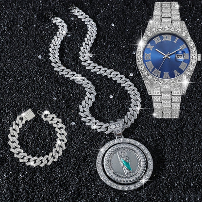 Fashion Watch Set St. Jude Rotating Coin Pendant & Bracelet&Watch Set - 3pcs Iced-Out Rhinestone Fashion Jewelry for Men and Women