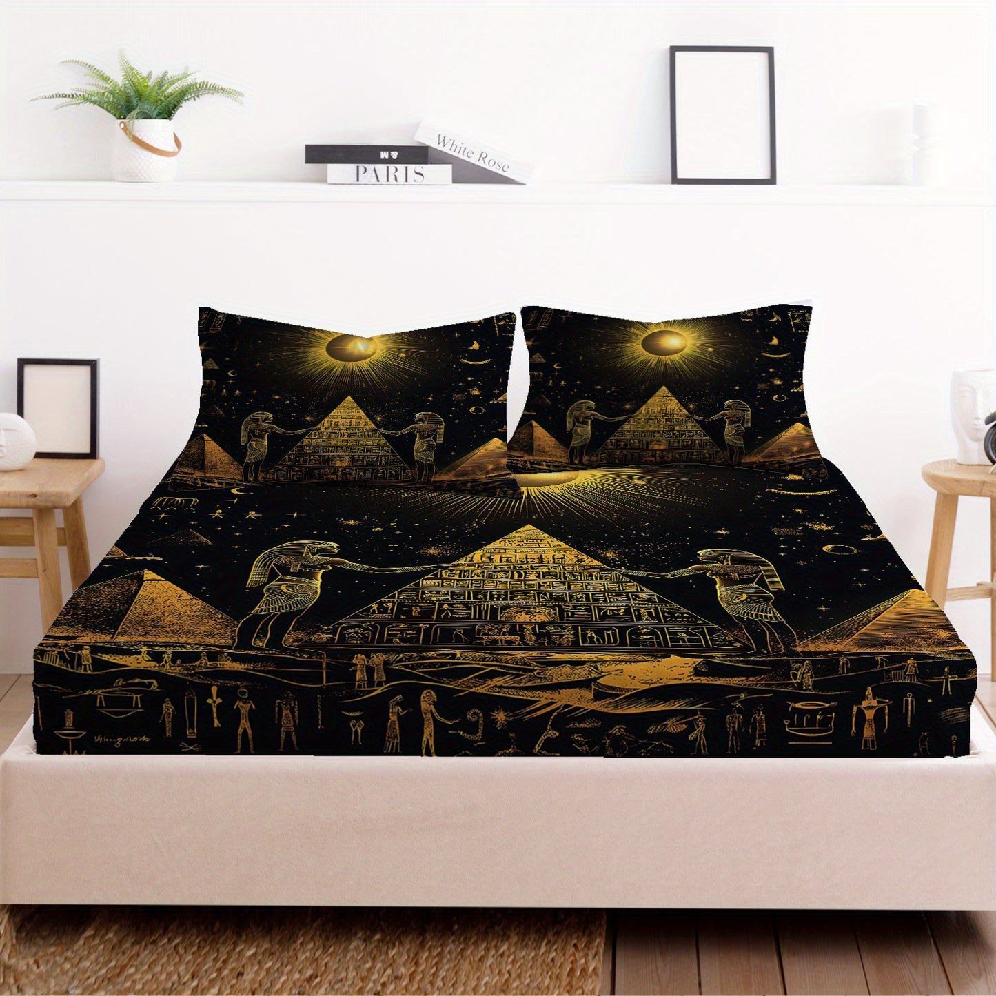 Latacaca 3pcs Golden Egyptian Pyramids Celestial Motif Pattern Fitted Sheet Set, Bedding Set One Fitted Sheet and Two Pillowcases, Pillow Inserts Not Included, Wrinkle Resistant, Fade Resistant, and Machine Washable, A Lightw