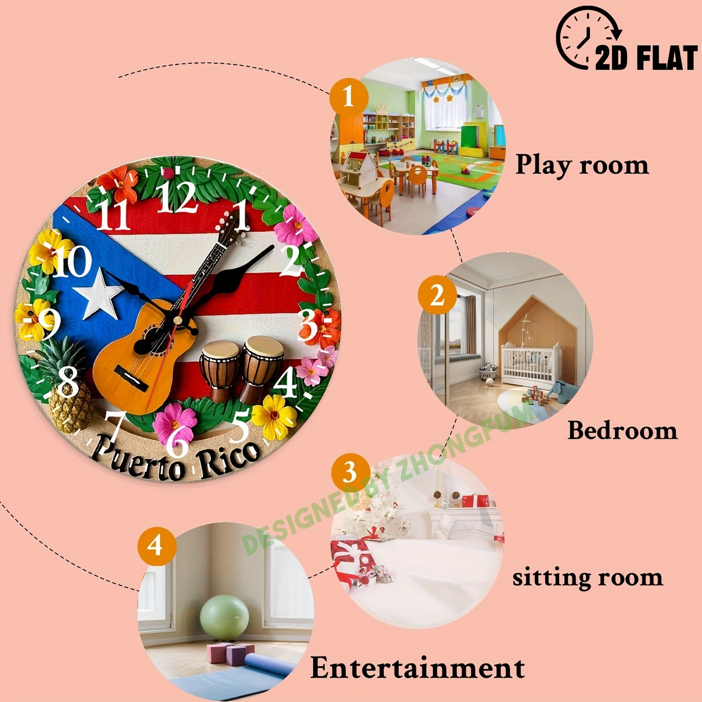 Wall Clock Decoration, Guitar, Drums, Pineapple, Flowers 2D FLAT Pattern Wood Silent Non-Ticking Bedroom Clock, Nursery Wall Clock for Schools, Homes, Christmas Holiday Decoration, Clear Visibility Timepiece 10Inch/12Inch, 2D