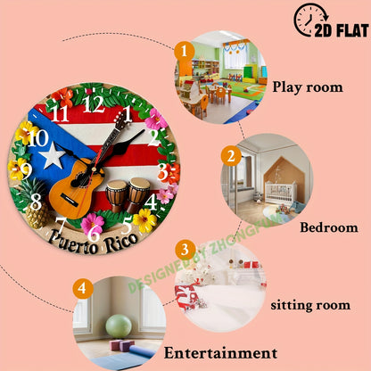 Wall Clock Decoration, Guitar, Drums, Pineapple, Flowers 2D FLAT Pattern Wood Silent Non-Ticking Bedroom Clock, Nursery Wall Clock for Schools, Homes, Christmas Holiday Decoration, Clear Visibility Timepiece 10Inch/12Inch, 2D