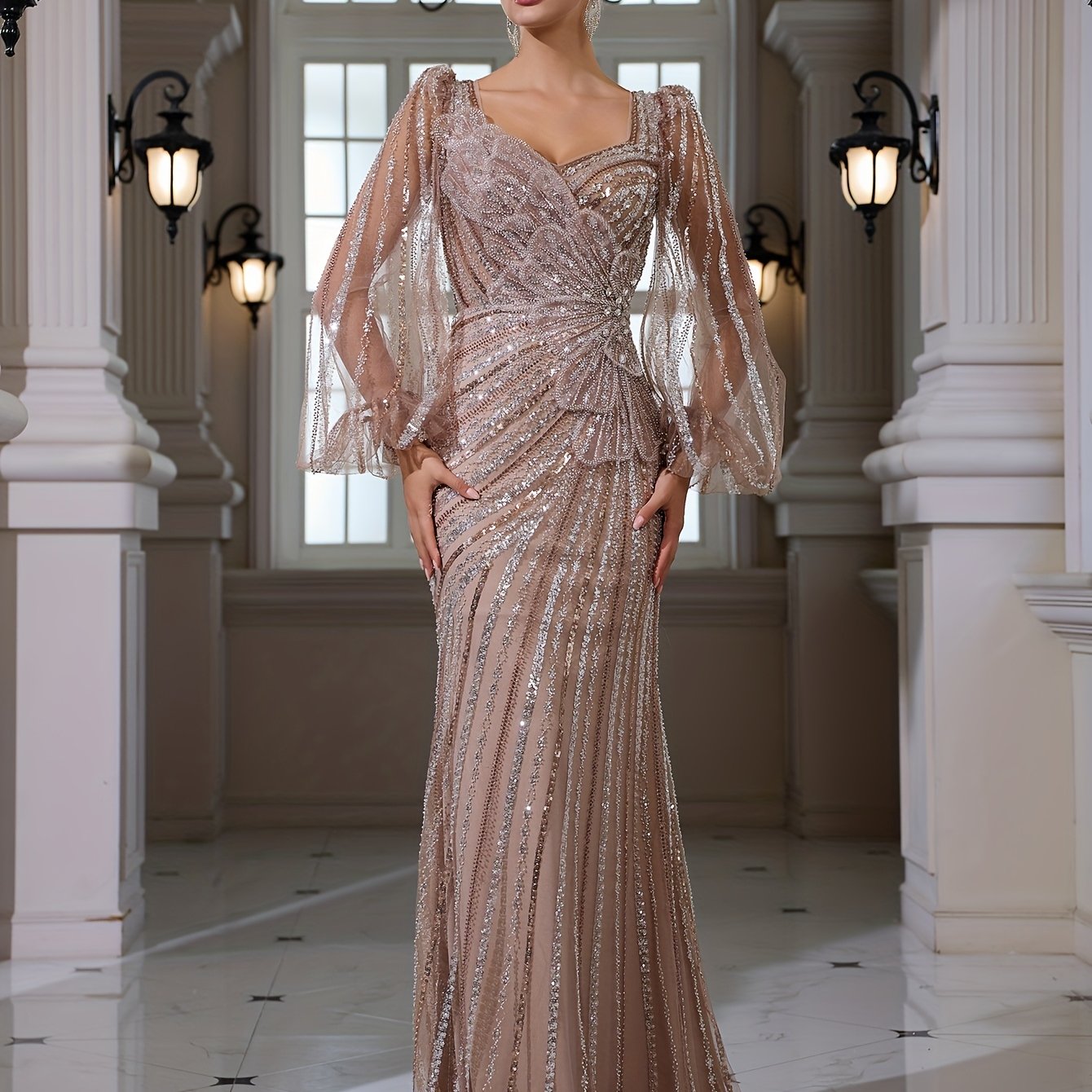 Elegant Square Neck Long Sleeve Bodycon Fishtail Gown with Applique Sequins | Perfect for Weddings, Banquets, and Parties, All-Season Wear