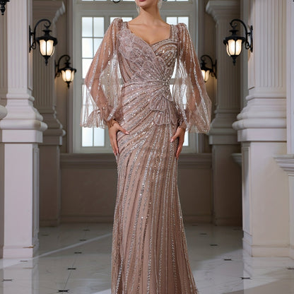 Elegant Square Neck Long Sleeve Bodycon Fishtail Gown with Applique Sequins | Perfect for Weddings, Banquets, and Parties, All-Season Wear