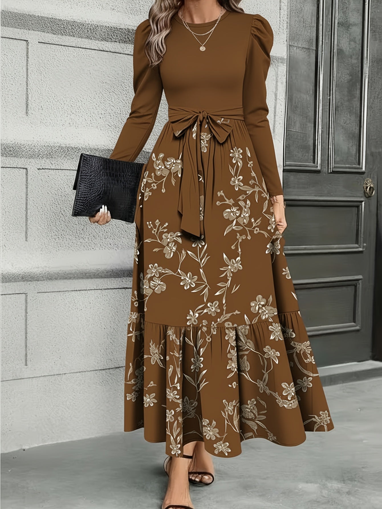 Women'S Navy Blue Floral Tie-Waist Maxi Dress | Retro Elegant Style, Suitable for Daily Streetwear, Light Social Occasions, and Chic Gatherings