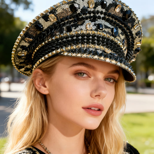 Steampunk Bling Rhinestone Captain Hat - Sparkly Glamorous Adjustable Sequin Military Cap for Halloween Decorations, Cosplay Costume & Party Supplies | Vintage Party Hats with Leopard Print for Rave, Carnival, Burning for Man