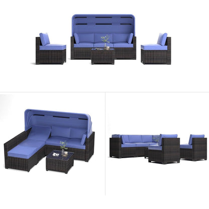 6pcs Outdoor Daybed Set with Retractable Canopy & Adjustable Backrests - All-Weather PE Wicker Patio Lounge Set, Brown & Blue Cushions, Chaise Lounges for Poolside, Backyard, Garden - Durable Wicker Furniture with Cushioned S