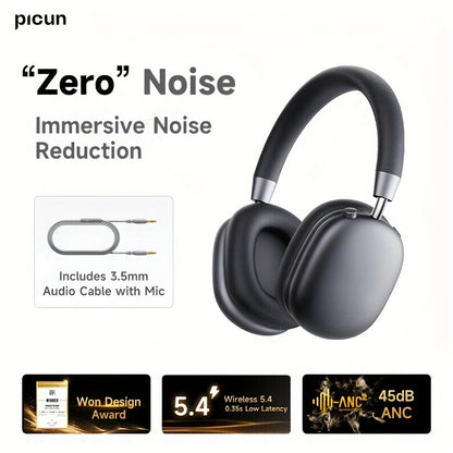 Picun F5 Hybrid ANC Wireless Headphones with 45dB Noise Cancellation, Wireless 5.4 Low-Latency, Spatial Audio, Hybrid ANC/Passive Mode, -C/, Compatible with PC/Laptop/Tablet/Skiing Headphones, 3.5mm Cable & Built-in Mic