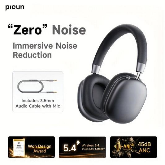 Picun F5 Hybrid ANC Wireless Headphones with 45dB Noise Cancellation, Wireless 5.4 Low-Latency, Spatial Audio, Hybrid ANC/Passive Mode, -C/, Compatible with PC/Laptop/Tablet/Skiing Headphones, 3.5mm Cable & Built-in Mic