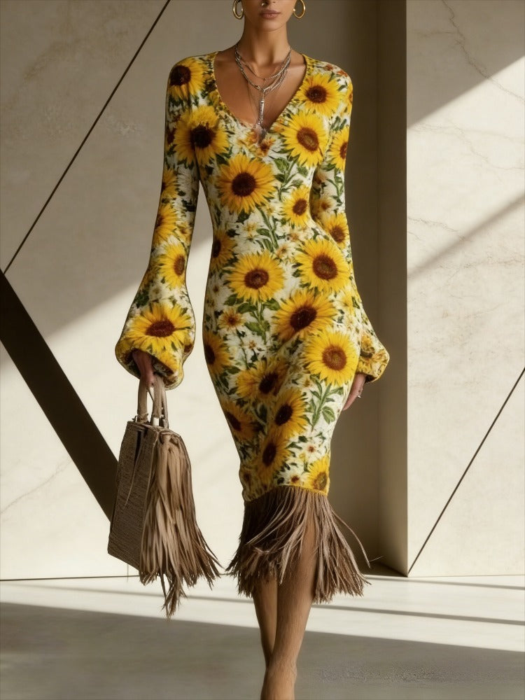 Cross-border New Autumn And Winter Sweater Dress, Floral Flower Printing, Sexy V-neck Long-sleeved Design, Fringed Hem Embellishment, Warm And Thin Temperament Commuter Bottom Dress