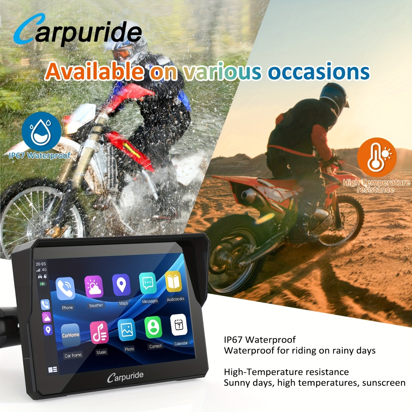Carpuride W702 Wireless Carplay & Android Auto Screen for Motorcycle, 7 Inch IPS Touch Screen, Dual B-T, Built-in EQ, Car GPS, Voice Control, Siri, G00gle Assistant, IP67 Waterproofing, Navigation GPS, Easy to Install,