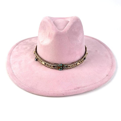 1pc Bohemian-Style Wide-Brimmed Women'S Felt Hat - with a Turquoise Bead Chain Decorative Band - Suitable for Holiday Dress-Up, Cowboy-Inspired Looks, Daily Casual Wear, And As a Photography Prop for Bohemian Home Decor, Fest