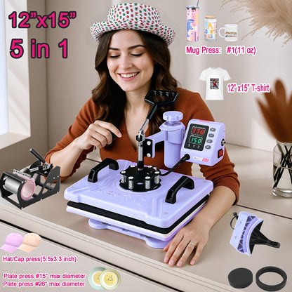 15"x15"/15"x12" - 8in 1/5in 1 Heat Press Combo, Rotatable Design, Multi-Size Transfer Professional Sublimation Kit, Suitable for T-Shirts, Bags, Pillows, Hats, Beanies, Rollers - Three-in-One Automatic Hat Press Only for Hats