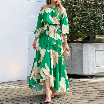 2026 Spring New Temperament Elegant Print Long Sleeve Slanted Collar Loose Dress Spring Spring Wear Spring Fashion Women's Spring and Summer Dresses Spring and Summer Dresses Women's Dresses Suitable for Bridesmaids Prom Outf
