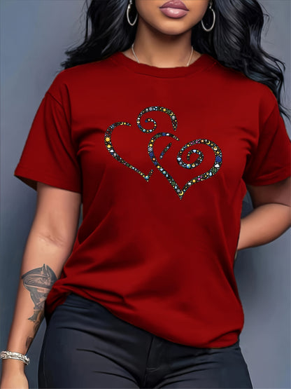 Women's Casual Short Sleeve T-Shirt with Rhinestone-Embellished Heart Print - Round Neck Relaxed Fit, Medium Stretch Fabric, Machine Washable, All-Season Versatile Top for Casual Attire & Vacations (S-XXL, Multi-Color Options