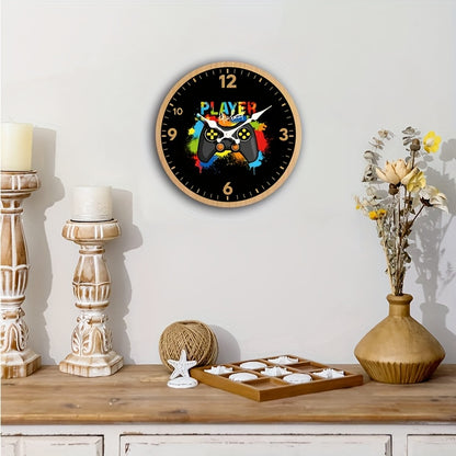 1pc Round Clock, Minimalist Game Console Creative Wall Clock, Silent Quartz Wooden Round Clock, Suitable for Bedroom Living Room Office Kitchen Bathroom, Battery Powered (Batteries Not Included)