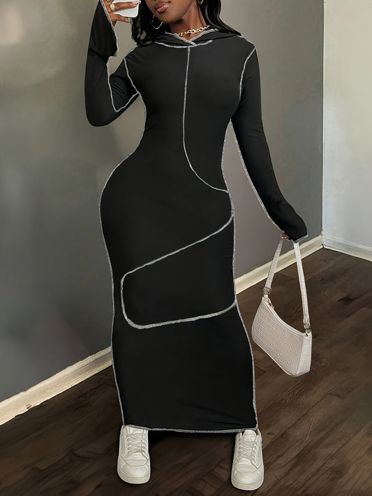 Fashionable Hooded Sweatshirt with Contrasting Seams, Fitted Long Skirt, Street-Style Dress