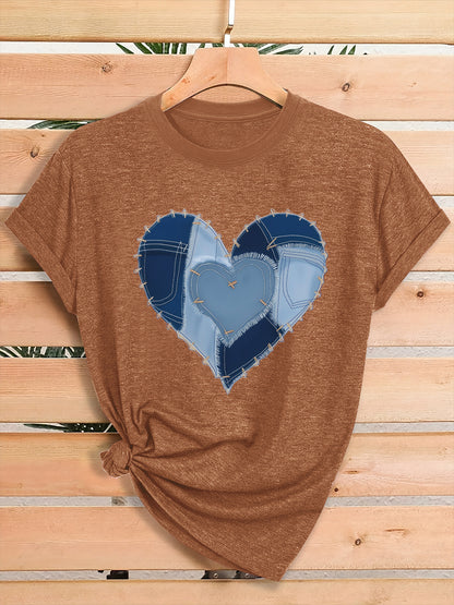 Women'S Fashion Graphic Tee, Theme Party Outfit, Local Warehouse Item, T Shirt For Women, Women Clothing Style, Heart Print Casual Top, Comfortable Blend Fabric, Breathable, All-season, Crew Neck, Short Sleeve, Machine Washab