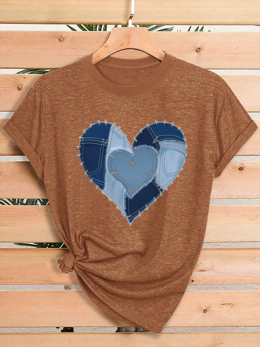 Women'S Fashion Graphic Tee, Theme Party Outfit, Local Warehouse Item, T Shirt For Women, Women Clothing Style, Heart Print Casual Top, Comfortable Blend Fabric, Breathable, All-season, Crew Neck, Short Sleeve, Machine Washab