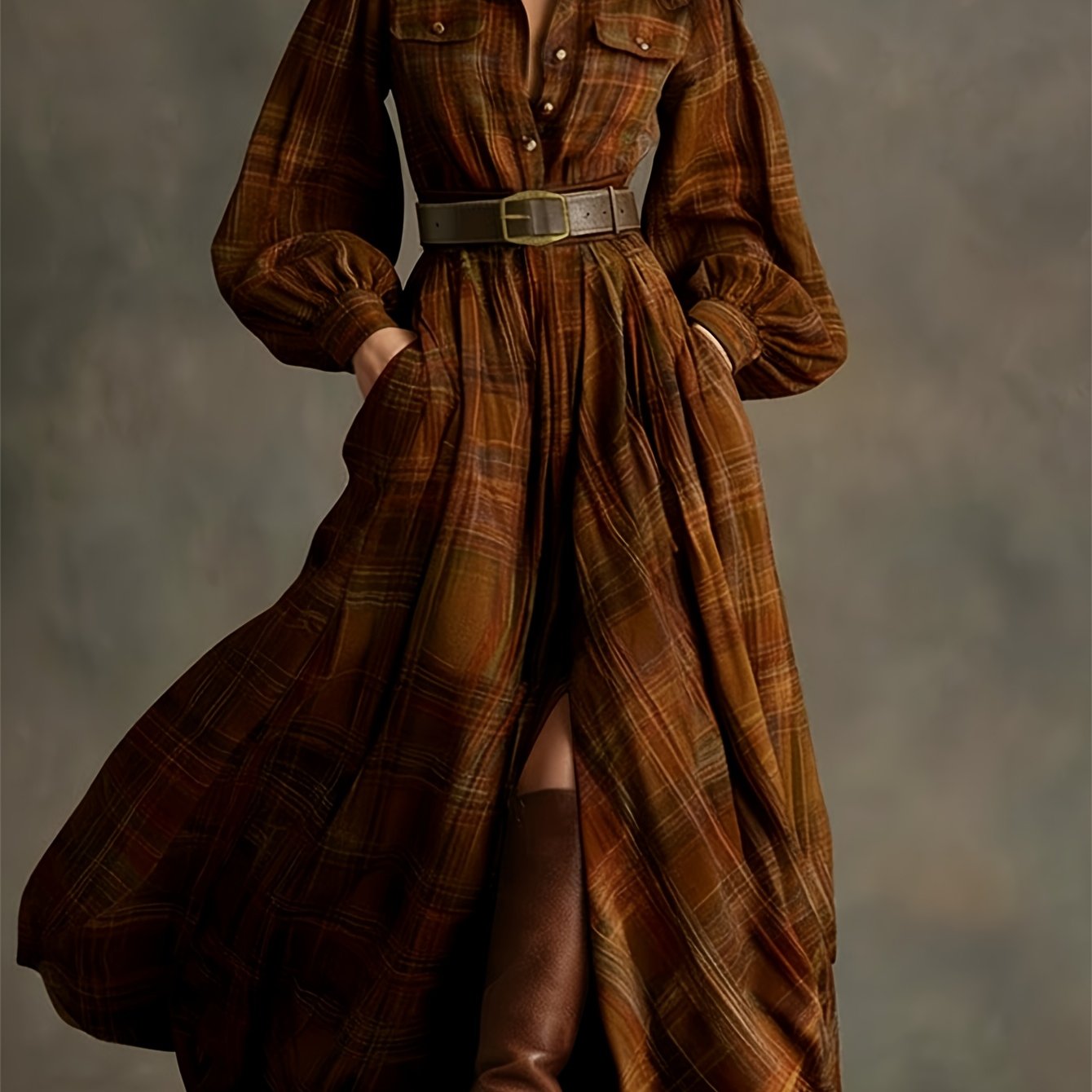 [Vintage Belted Dress] Women' Vintage Belted Waist-Defining Long Dress with Puff Sleeves - -Line Collar Dress Suitable for Date Nights, Parties & Winter Events - Retro Formal Dress