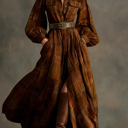 [Vintage Belted Dress] Women' Vintage Belted Waist-Defining Long Dress with Puff Sleeves - -Line Collar Dress Suitable for Date Nights, Parties & Winter Events - Retro Formal Dress