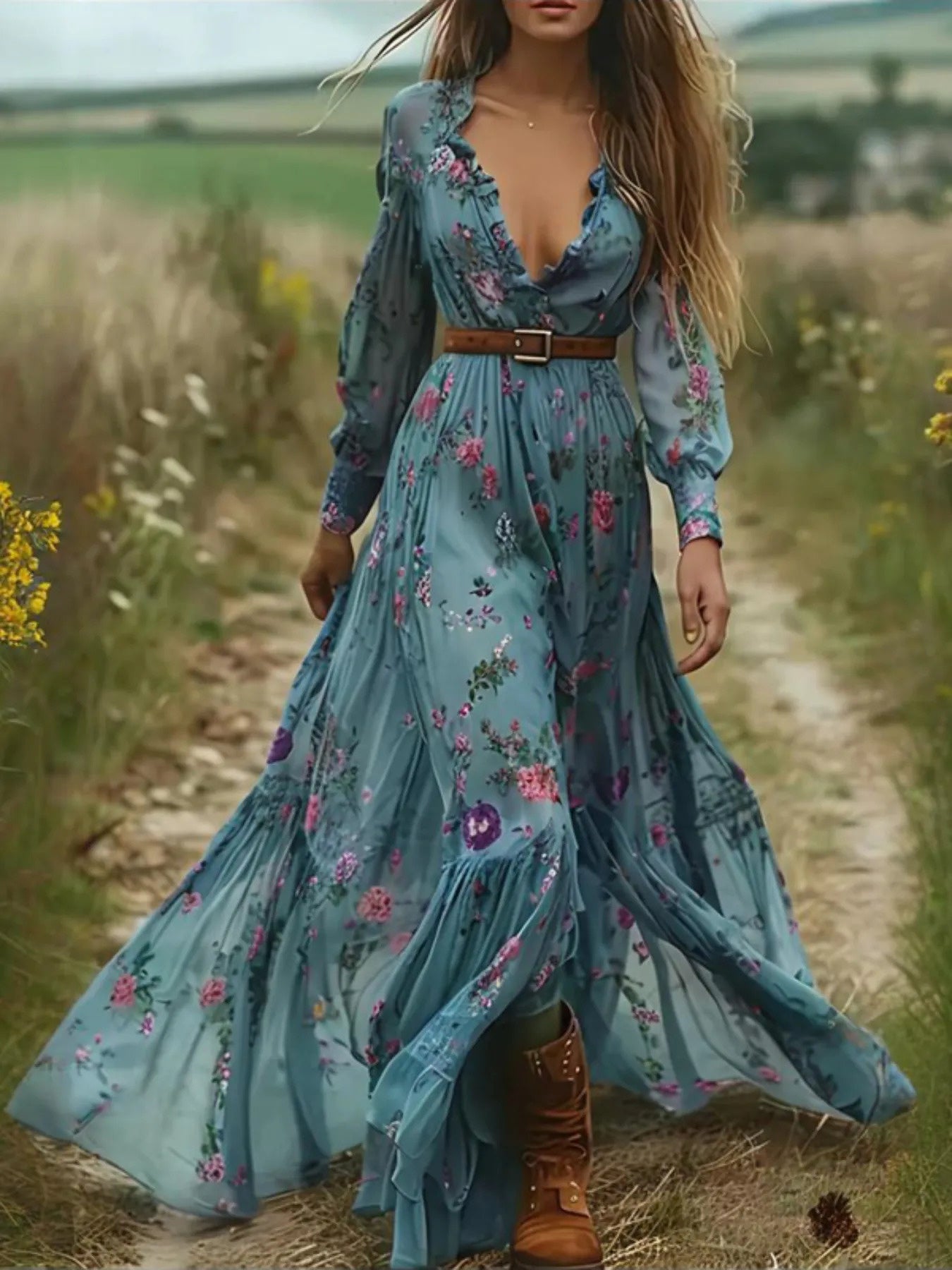 Women'S Long Sleeve Dress with Lace Trim & Elastic Cuffs | Flowy Floral Print A-Line Retro Dress, Elegant V-Neck, Long Length, Belted, Perfect for Spring/Summer - SCACTO
