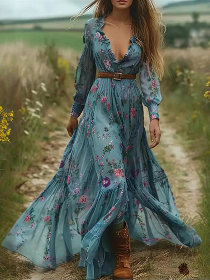 Women'S Long Sleeve Dress with Lace Trim & Elastic Cuffs | Flowy Floral Print A-Line Retro Dress, Elegant V-Neck, Long Length, Belted, Perfect for Spring/Summer - SCACTO