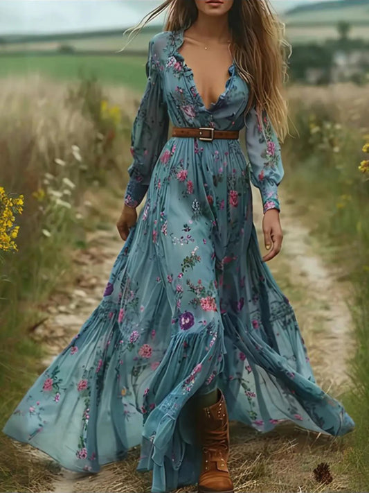 Women'S Long Sleeve Dress with Lace Trim & Elastic Cuffs | Flowy Floral Print A-Line Retro Dress, Elegant V-Neck, Long Length, Belted, Perfect for Spring/Summer - SCACTO