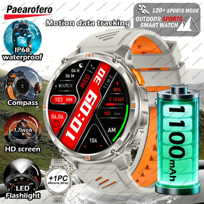 2025 Men's smart watch, 1.7-inch HD display, 1100mAh large-capacity battery, 90-day standby time, outdoor compass, wireless call, LED flashlight, 200+ dials, voice assistant, Men's watch, 120+ sports modes, fitness tracker wa