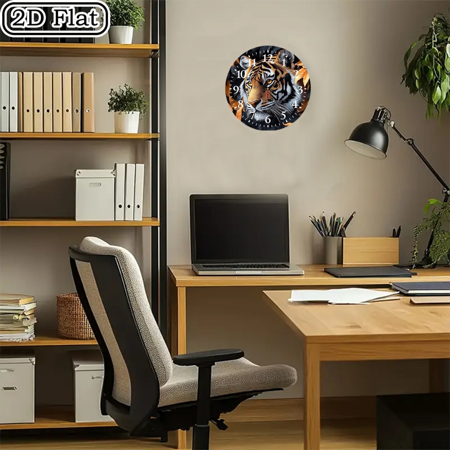 10x10 Inch Round Wooden Wall Clock with Tiger Head & Orange Leaves Design - Silent Non-Ticking Battery-Powered Modern Black/White Face, Golden Hands - Home Office Bedroom Decor, Wildlife-Themed Gift for Halloween Christmas (A