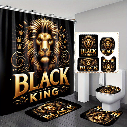 1/ 3/ 4pcs Lion Pattern Bathroom Curtain, Toilet Cover Cover, Shower Curtain with 12 Plastic Hooks, 72 Inches X 72 Inches (Available in Single or Triple or Quad)