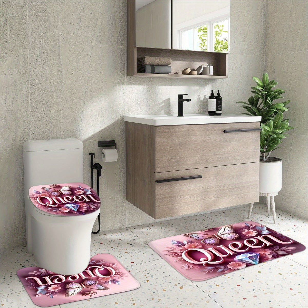 4pcs Queen Pattern Shower Curtain Set, Fashion Bathroom Curtain Set with 12 Hooks Included, Matching Anti Slip Mats & Toilet Covers, Modern Bathroom Accessories Ideal for Home Decor & Housewarming Gift