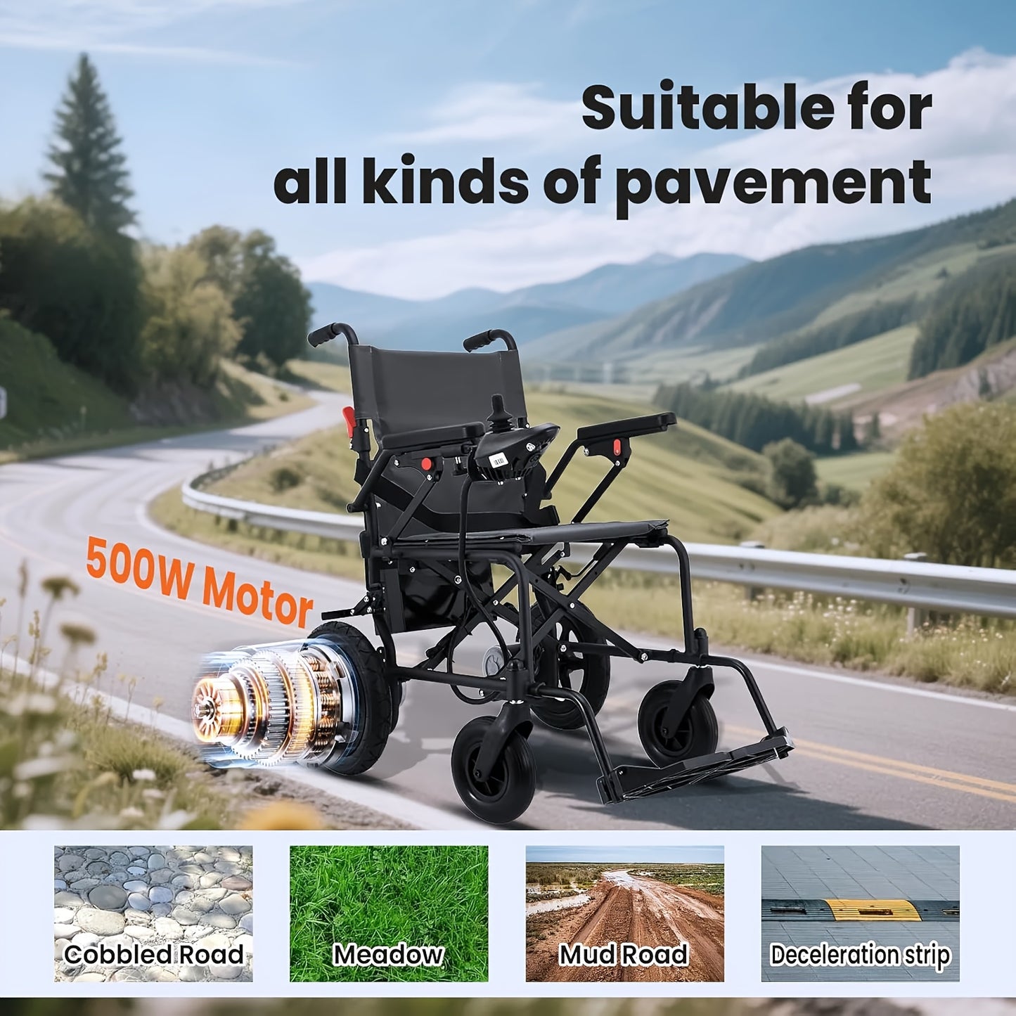 Foldable Electric Wheelchair for Adults, Light Duty Electric Wheelchair with 500W Dual Motors, Storage Bag, 18 Mile Long Range, Weighing Only 47lb, All-Terrain Electric Wheelchair for Seniors, Black