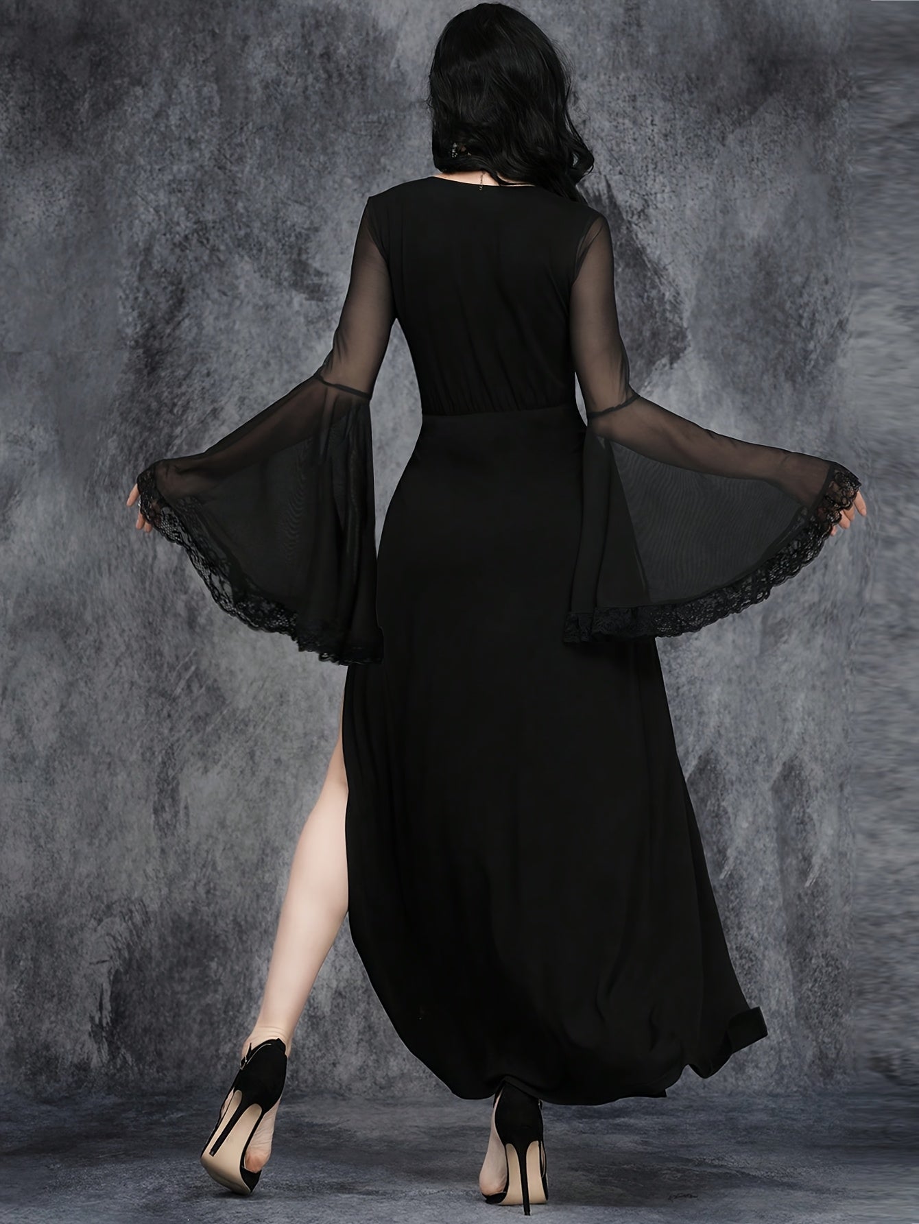 Women's Gothic Sexy V-Neck High Slit Sleeve Lace Trim Party Wedding Dress, Black Long Sleeve Formal Ball Evening Gown for Wedding Guests, Graduation, Dinner
