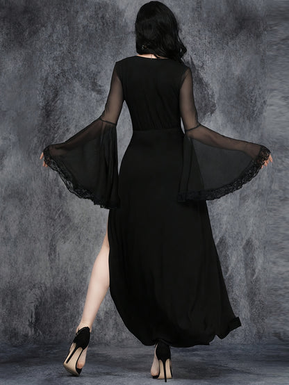 Women's Gothic Sexy V-Neck High Slit Sleeve Lace Trim Party Wedding Dress, Black Long Sleeve Formal Ball Evening Gown for Wedding Guests, Graduation, Dinner