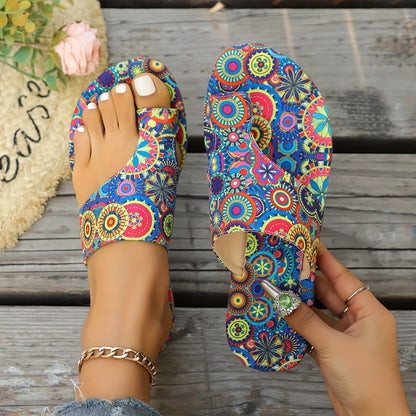 Women's Bohemian Floral Slide Sandals - Slip-On Open Toe Summer Shoes with Pink, Lightweight Flat Sandals for Beach, Casual Outfits - Easy Slip Closure & Non-Slip PU Sole, Beach Footwear