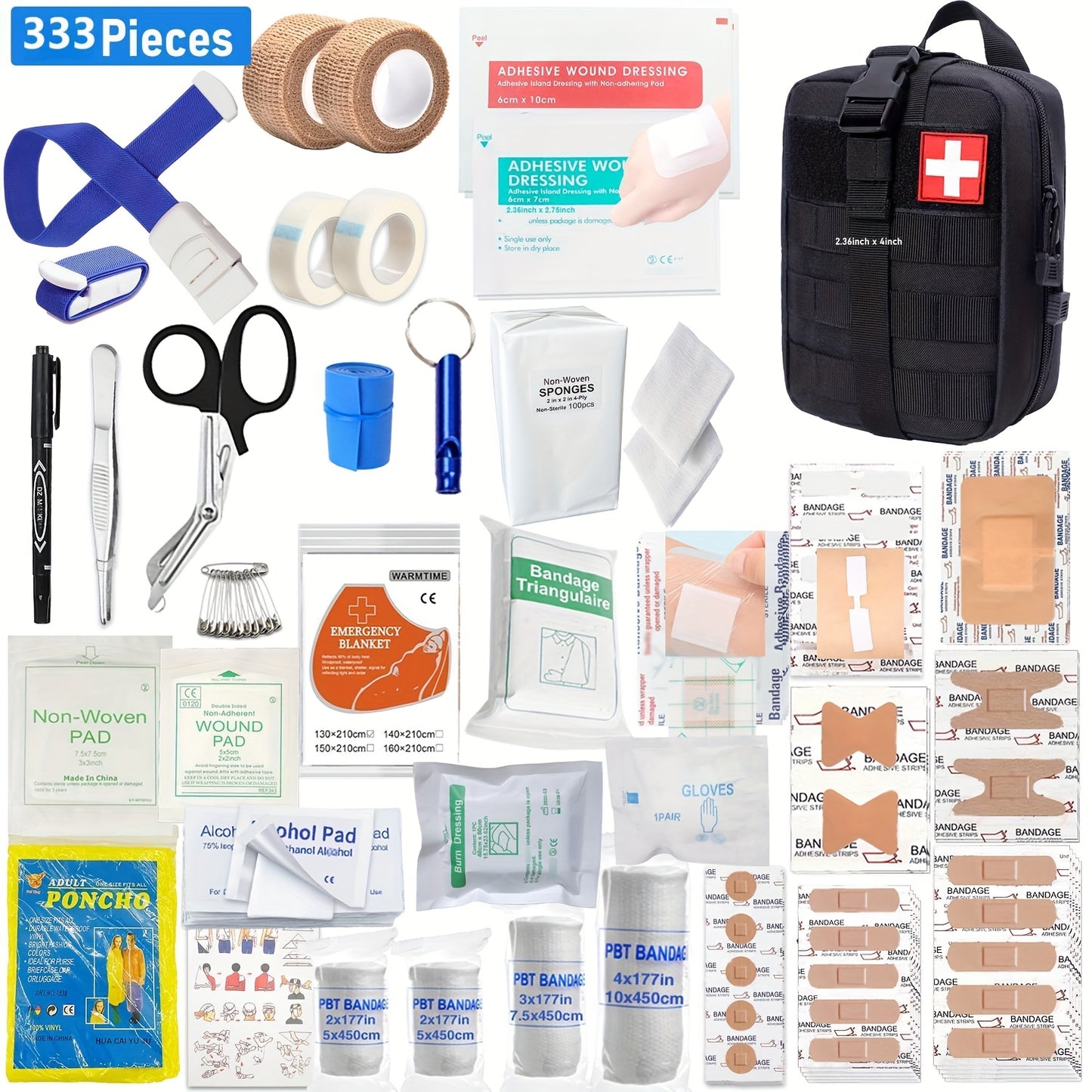 333pcs Professional-Grade First Aid Kit, 33 Unique Items for Outdoor Survival - Includes Scissors, Tweezers, Splint, Whistle, And More - Ideal for Hiking, Camping, Hunting, Car, Boat, Travel, And Exploration - Perfect Gift fo